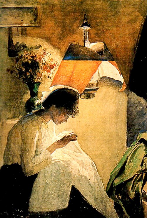 Bordadora con lampara., 1889, Cristóbal Rojas