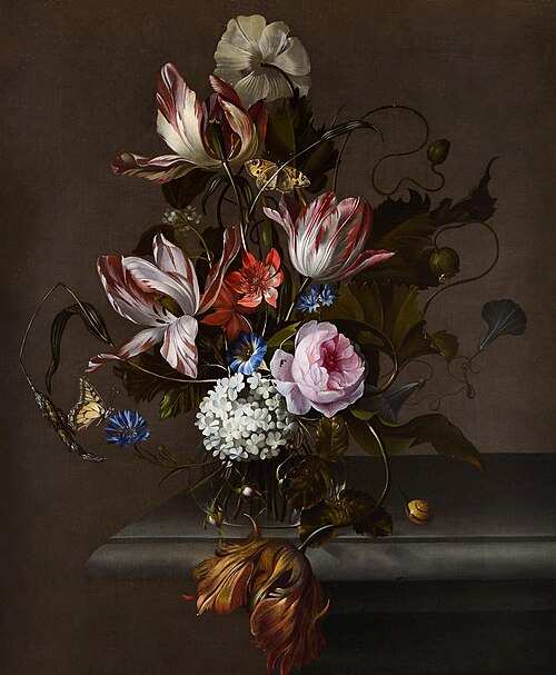 Still Life of Flowers in a Glass Vase on a Stone Table Ledge, 1720, Anna Ruysch