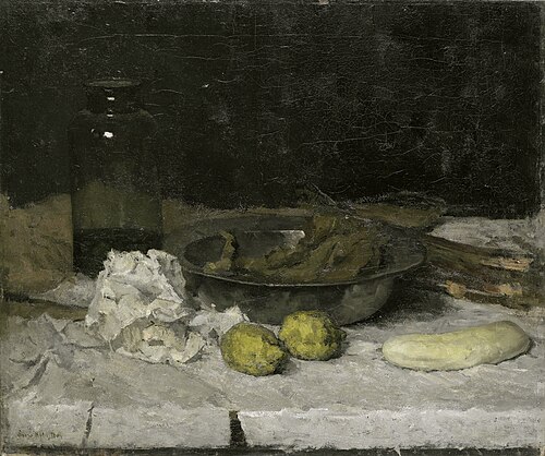 Still life with a a bottle and tin plate, 1892, Suze Robertson