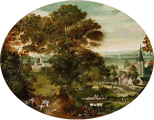 Village landscape with hunters, 1591, Jacob Savery