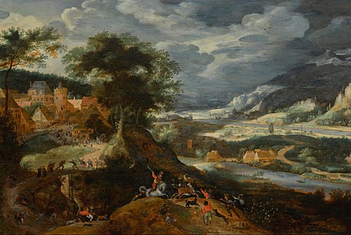Extensive landscape with a bull hunt, 1591, Jacob Savery