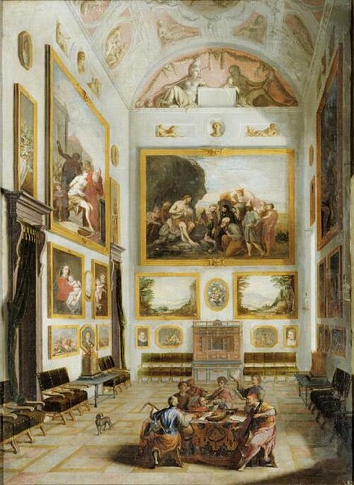 Interior with  a collection of paintings and musicians around a table, 1695, Jan Onghers