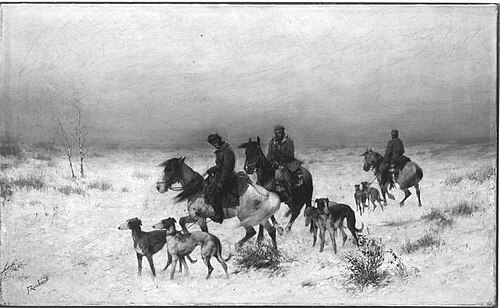 Jagdgesellschaft in Winterlandschaft, 1895, Franz Roubaud