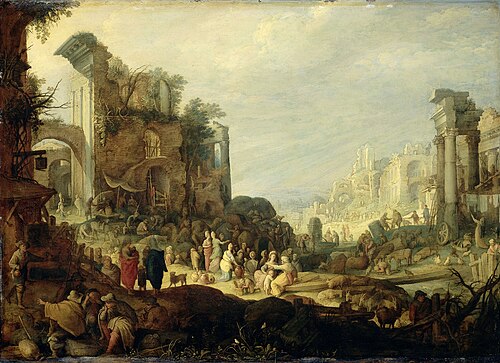 Landscape with Roman Ruins and the Meeting of Rebecca and Eliezer, 1610, Guilliam van Nieulandt (II)