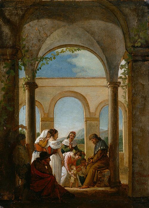 Frauen und Kinder vor einem Pilger in einem Portikus, 1818, Léopold Robert