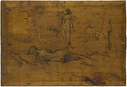 Fillette au ruban bleu (recto) / Cinq études de nus, un paon et une tête de profil (verso), 1865, Jean-Jacques Henner