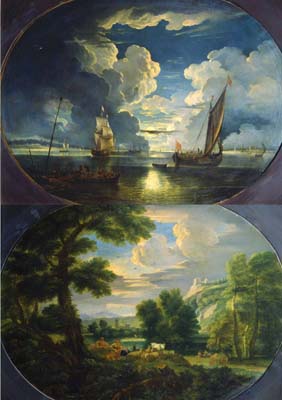 Veduta costiera al tramonto e Vallata boscosa con pastori, 1687, Pieter Mulier le Jeune