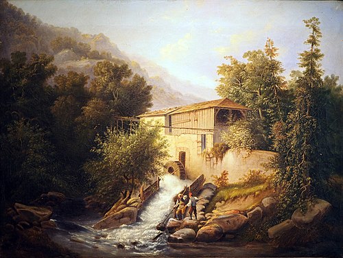 Forellenfischer an einem Mühlenbach, 1851, Julius Hübner