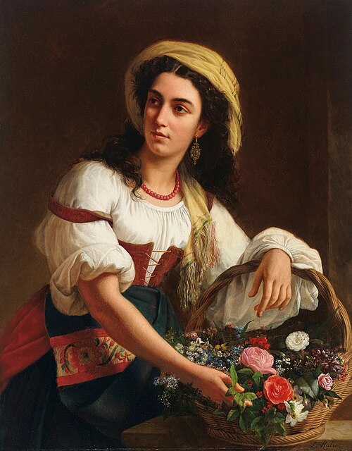 An Italian beauty holding a basket of flowers, 1900, Luigi Rubio