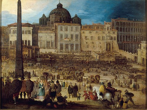Vue de la place Saint-Pierre à Rome lors de l'élection du Pape Clément VIII en 1592, 1600, Louis de Caullery