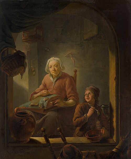 A Lacemaker, with a Boy Blowing Bubbles, 1742, Louis de Moni