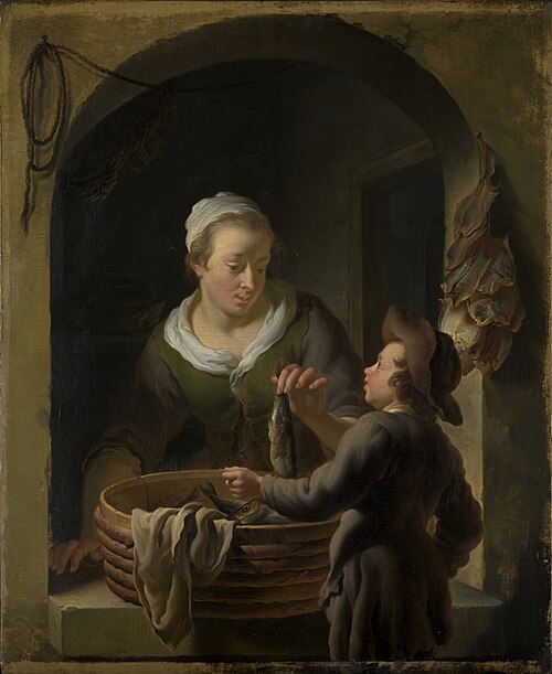 Fish Seller selling a Herring to a Boy, 1750, Louis de Moni