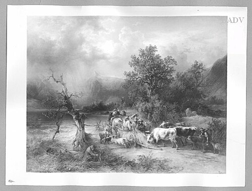 peasants with cattle at a mountain-lake, 1842, Friedrich Gauermann
