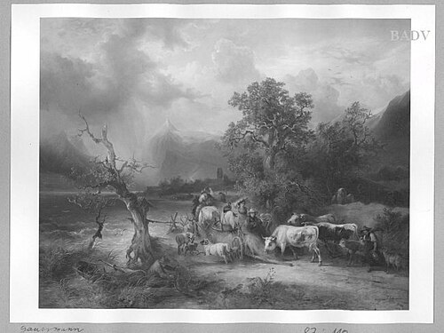 thunderstorm at a mountain-lake, peasants and cattle 2263, 1850, Friedrich Gauermann