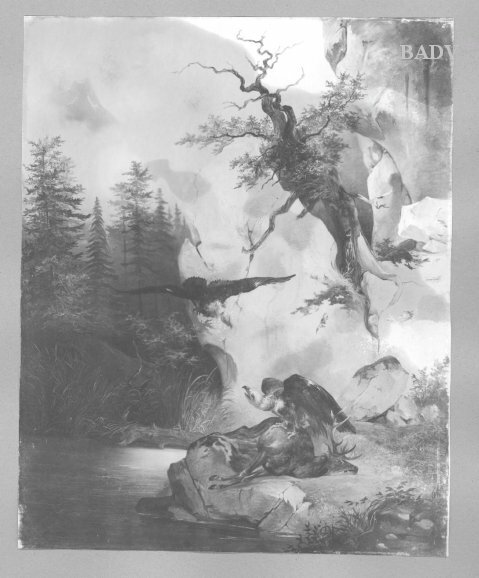 Landscape: a dead stag with two eagles, 1832, Friedrich Gauermann