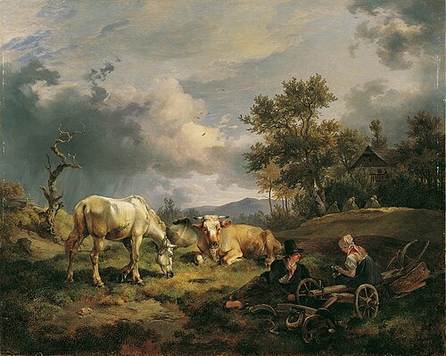 Cow shepherds resting in the meadow next to their cows, 1829, Friedrich Gauermann