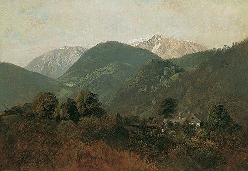 Blick von Scheuchenstein zum Gauermannhof mit Schneeberg im Hintergrund, 1835, Friedrich Gauermann