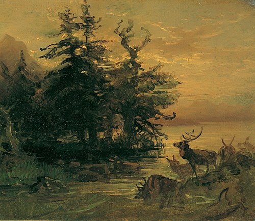 Suhlende Hirsche am Ufer eines Bergsees, 1850, Friedrich Gauermann