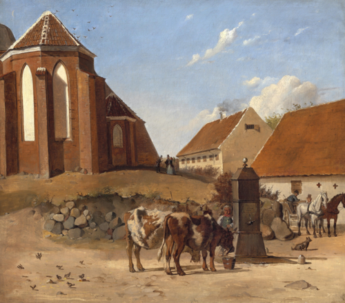 “Mikkelskirken i Slagelse, set fra Fisketorvet”. Køerne vandes ved vandposten, 1858, Ludvig Abelin Schou