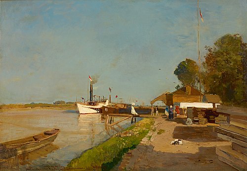 Die Dampfschiffstation an der Donau gegenüber Kaisermühlen, 1871, Emil Jakob Schindler