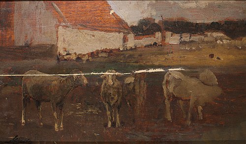 Dorflandschaft mit Schafen, 1875, Emil Jakob Schindler