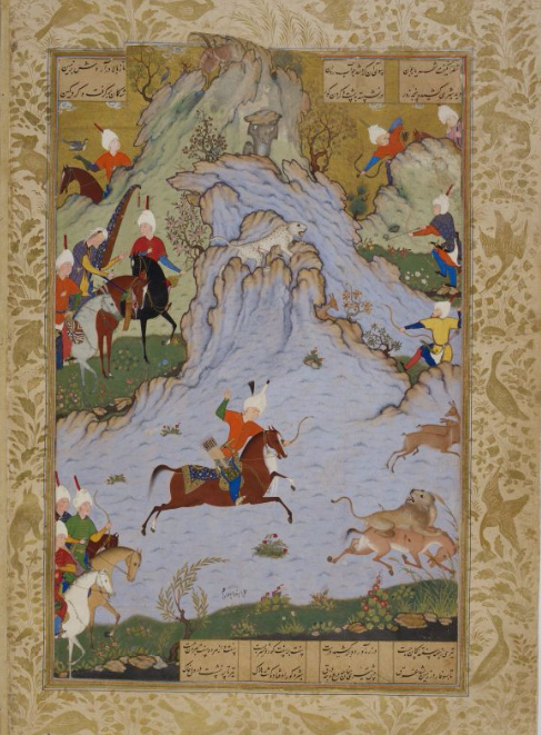 Bahram Gur shoots an ass and lion with one arrow, 1550, Sultan Muhammad