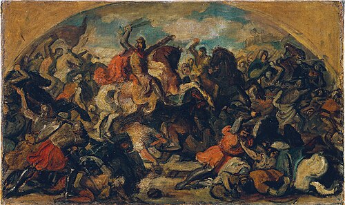 Friedrich II. der Streitbare (1219–1246) als Sieger über die Mongolen in der Schlacht an der Leitha , 1853, Carl Rahl