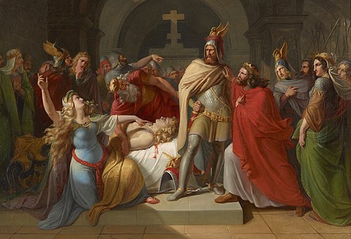 Kriemhild an der Leiche Siegfrieds erklärt Hagen als dessen Mörder und schwört Rache, 1835, Carl Rahl