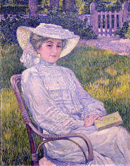 Lady in white (Mrs. Théo Van Rysselberghe) reading in the garden at Mortgat, 1904, Théo van Rysselberghe