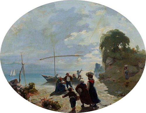 Landscape: The Shore of a Lake, with Figures, 1860, François Bocion