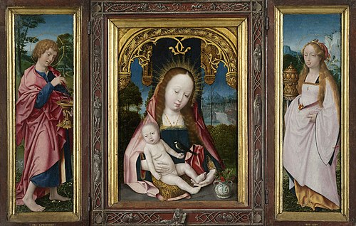 Triptych with the Virgin and Child (centre panel), St John the Evangelist (inner left wing) and Mary, 1520, Jean Provost