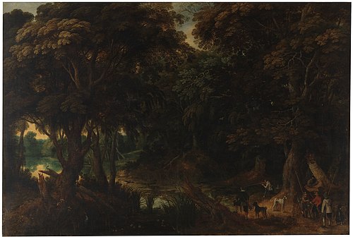 Wooded landscape with hunters, 1601, Peeter Snayers