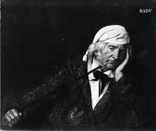 Alter Mann im Schlafrock mit Zipfelmütze und langer Pfeife, 1854, Hans Canon