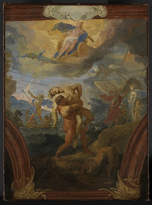 Herkules und Antäus, am Himmel Juno auf ihrem Wagen, , Johann Michael Rottmayr