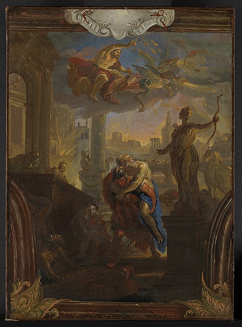 Äneas rettet seinen Vater Anchises aus dem brennenden Troja, am Himmel Vulkan auf seinem Wagen, , Johann Michael Rottmayr