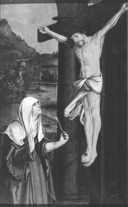 Maihinger Altar: Hl. Birgitta von Schweden vor dem Kruzifixus Rückseite: Stammbaum der Ordensstifter, 1515, Hans Leonhard Schäufelein