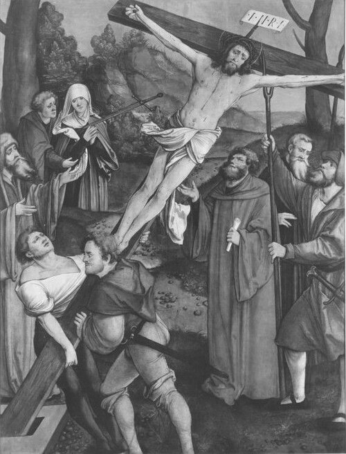 Christgartner Altar: Fall Christi bei der Kreuzaufrichtung (Abgetrennte Rückseite von WAF 920), 1515, Hans Leonhard Schäufelein