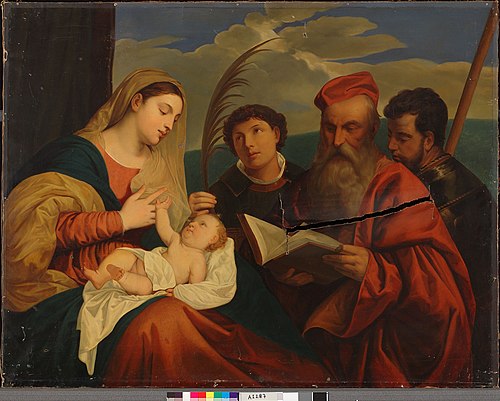 Mary with Child, St. Stephen, St. Jerome and St. Mauritius, a copy after Titian (Tiziano Vecellio), 1849, Nils Blommér
