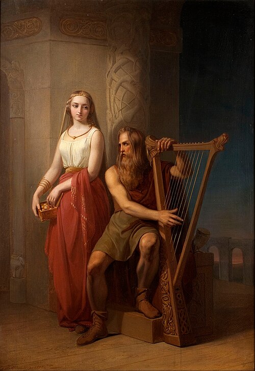 Bragi assis jouant de la harpe, Iðunn debout derrière lui, 1846, Nils Blommér