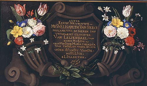 Flowers on a Memorial plaque for 25 years of service by sister elisabeth van Beeck of Leliendael, 1664, Maria Theresia van Thielen