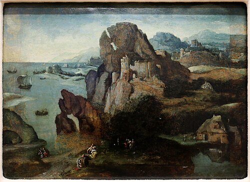 paysage avec le baptême du christ et l'aller à emmaüs, 1550, Henri Bles