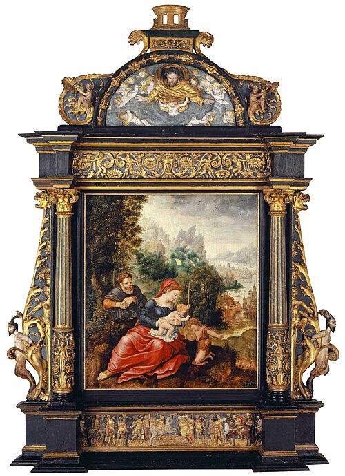 De H. Familie met Johannes de Doper als kind in een berglandschap, 1537, Henri Bles