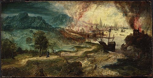 Landscape with Burning City, 1500, Henri Bles