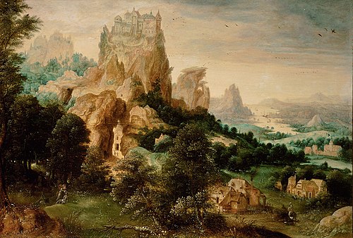 Hilly landscape with the story of the Good Samritan  (Luke 10:25-37), 1540, Henri Bles