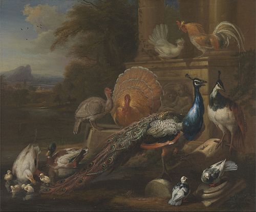 Peacocks, Doves, Turkeys, Chickens and Ducks by a Classical Ruin, 1700, Marmaduke Cradock