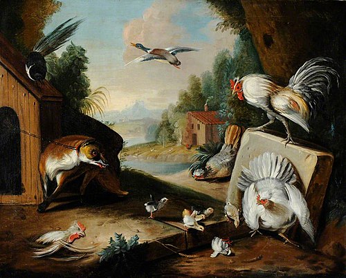 A Fox tethered to a Kennel, terrorising a Cock, Hen and Chicks, 1698, Marmaduke Cradock