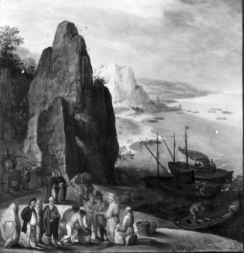 Felsige Küstenlandschaft, am Strande Fischhändler und Boote, 1560, Marten van Valckenborch