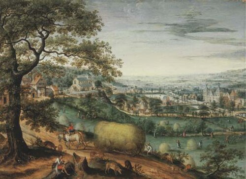 An extensive river landscape with peasants haymaking, a view of Arenberg Castle beyond, 1585, Marten van Valckenborch