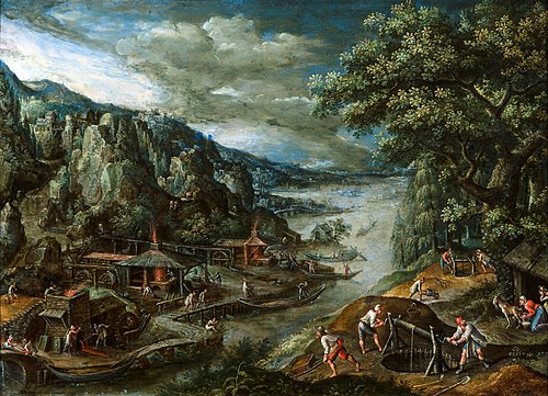 River landscape wit iron mining scene, 1611, Marten van Valckenborch