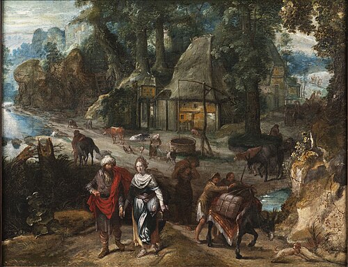Townscape with figures in a market square in a tortoiseshell frame, 1586, Marten van Valckenborch